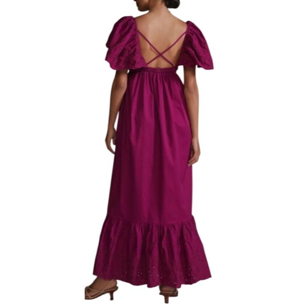 Anthropologie En Saison Eyelet Maxi Dress XS Puff Sleeve Cross Back Boho Ruffle - Picture 2 of 15